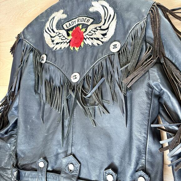 Vintage Lady Rider Genuine Leather Black Thermal Liner Fringe Women Biker Jacket - Picture 2 of 10